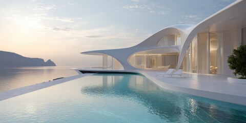 Modern white villa with infinity pool overlooking the ocean at sunset