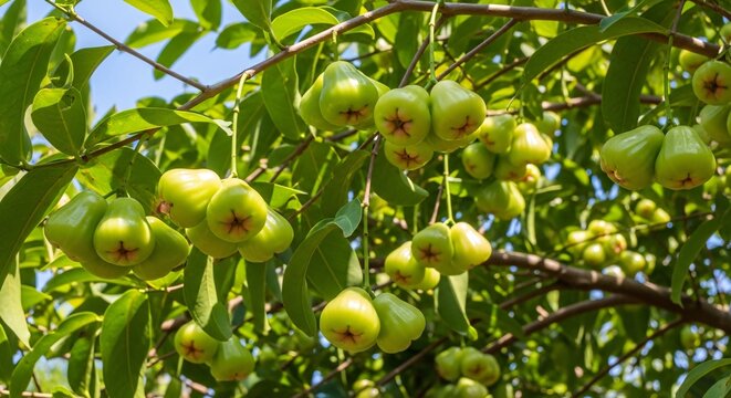 Close up of fresh green java apples hanging from tree branches in sunlight