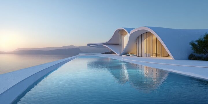 Futuristic oceanfront house with infinity pool at sunrise