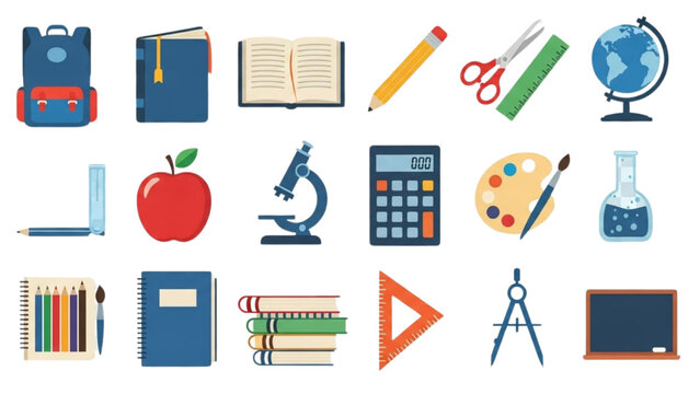 Collection of educational icons representing various school subjects and activities