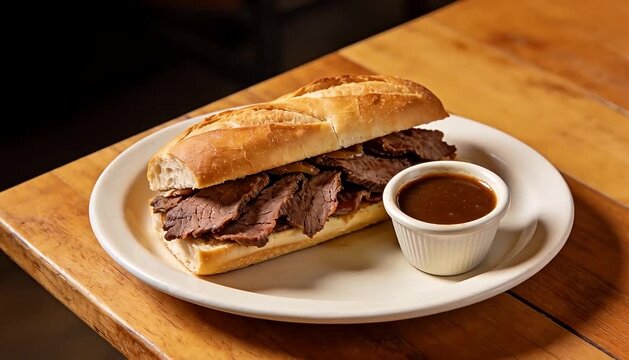 Delicious roast beef sandwich with dipping au jus, comfort food meal, lunchtime delight roast beef, baguette.