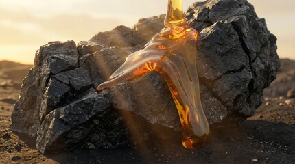 Golden liquid pouring over dark textured rock in sunlight