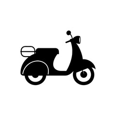 A minimalist black silhouette of a classic scooter on a white background