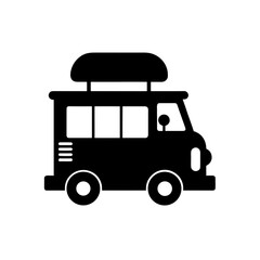 A black silhouette of a food truck with a roof tent on a white background