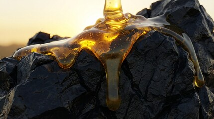 Golden liquid pouring over dark textured rock in sunlight