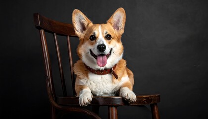 A happy Pembroke Welsh Corgi dog sitting on a wooden chair with a dark background.