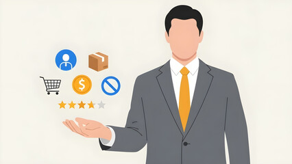 Businessman presenting key e-commerce concepts for successful online business, customer satisfaction, and service management with illustrative icons