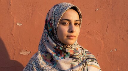 Young woman in patterned hijab posing against a textured orange wall