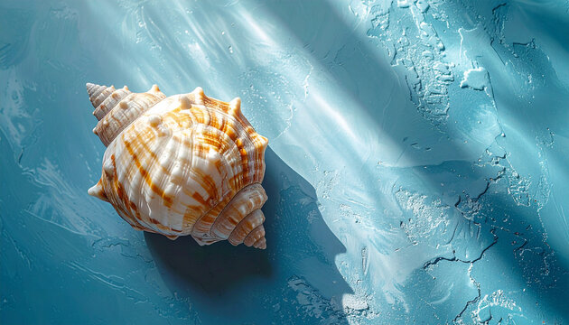 Top view of conch shell on empty textured blue backdrop, shell texture, minimal marine aesthetic.