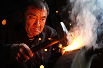 A blacksmith intensely focuses on shaping metal with a hammer, surrounded by flying sparks and smoke. Craftsmanship and dedication in metalworking.