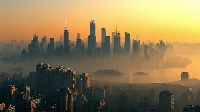 Urban Silhouette: A breathtaking cityscape, shrouded in a soft morning mist, reveals a stunning skyline of skyscrapers, set against the backdrop of a radiant sunrise.