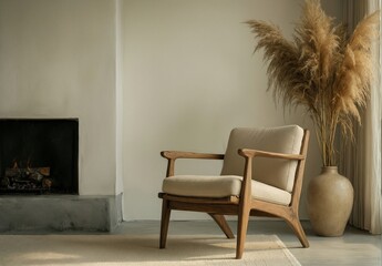 Obraz premium cozy armchair by fireplace with pampas grass and neutral toned interior design.
