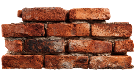 A textured background of an old red brick wall shows a solid stack of aged bricks and a pile of blocks featuring a dirty cement pattern for construction and architectural structure