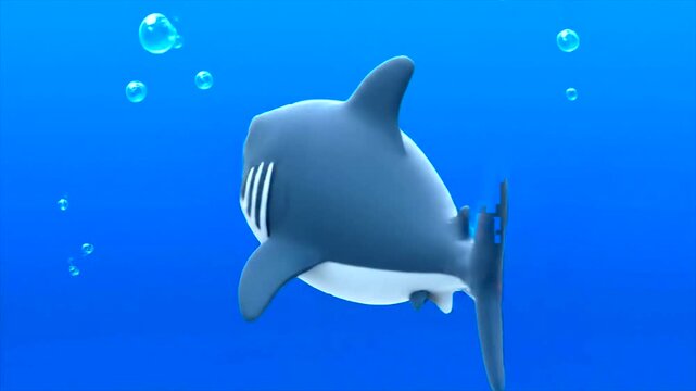 Cute cartoon shark swimming in blue water with bubbles.