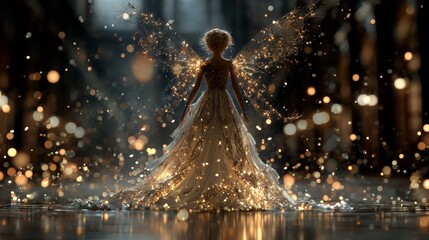 Female fairy figure adorned with golden wings and a sparkling dress, surrounded by a magical environment with soft bokeh lights and enchanting details