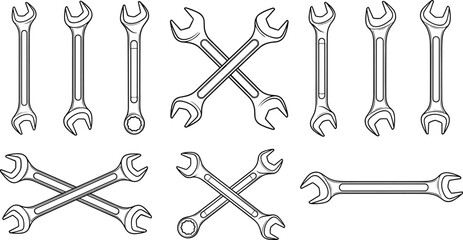 Naklejka premium Collection of eight wrench illustrations showing open‑end and combination tools in varied orientations, crossed configurations, mechanical repair, and industrial workshop concepts