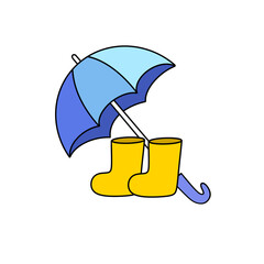 A blue umbrella and two yellow rain boots are on a white background