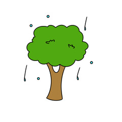 A cartoon tree with rain falling on it