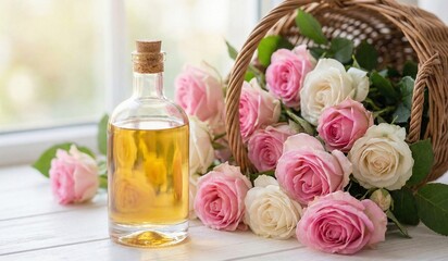 Rose Flower with Essential Oil for Spa and Aromatherapy, Natural Beauty Treatment, Relaxation and Wellness Concept