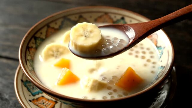 Delicious Thai Dessert Tapioca Pudding with Banana and Mango.