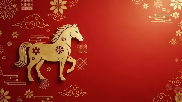 Theme Chinese New Year,&nbsp;Golden horse on red background with floral patterns