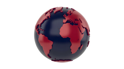 Globe with red continents on blue background isolated on white background transparent background