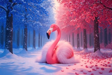 A whimsical flamingo nestled in a magical winter wonderland with dual-toned trees