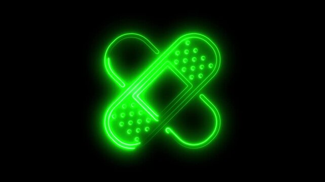 Glowing Green Band Aid Neon Sign Medical Symbol First Aid Illuminated Sticker Black Background