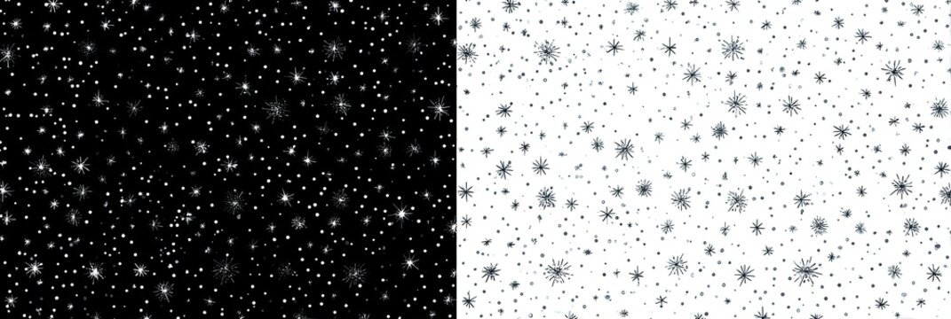 A split image showing falling snow on black and white backgrounds, creating a seamless pattern