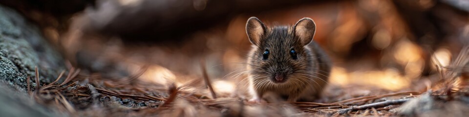 Obraz premium Curious mouse in natural habitat among pine needles and branches