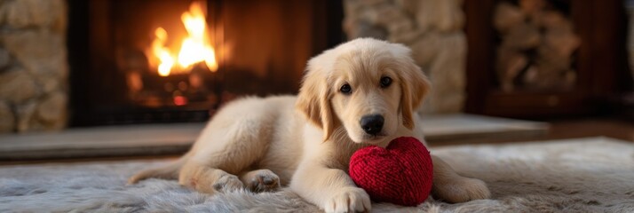 Golden retriever puppy with red heart by cozy fireplace