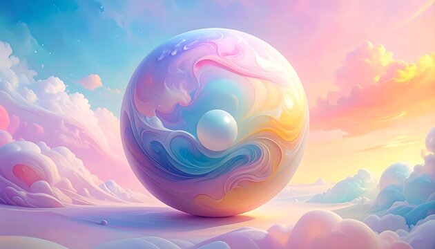 A pastel dreamscape showcases a swirling sphere within a vibrant cloudy sky, with smaller spheres seemingly floating within it