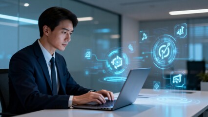 Businessman working on laptop with digital interface