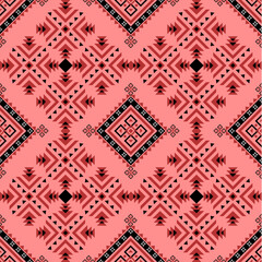 Seamless red carpet texture with traditional thai style red and white lace knitted pattern on vintage geometric fabric for oriental textile ornament decoration and retro wallpaper design