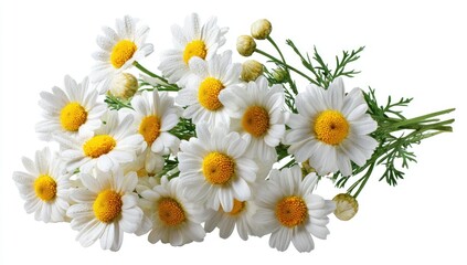 Close-up of a vibrant bouquet of daisies with yellow centers and white petals, on white