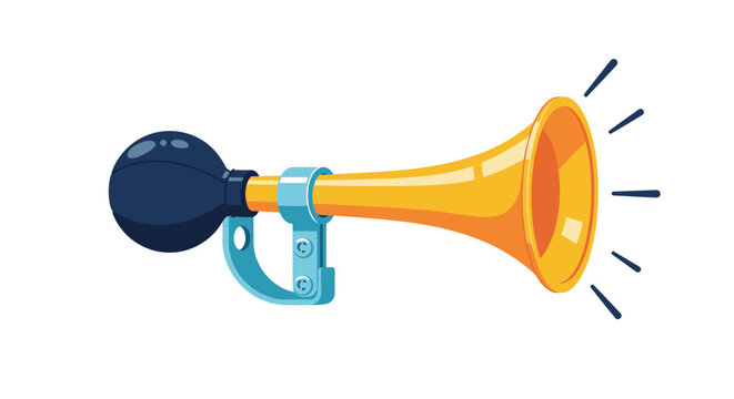 Classic yellow metal bulb horn with a blue squeeze bulb and mounting bracket for vintage bicycle, clown, or automotive accessory concepts.