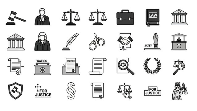 Law and Justice Icons Set Black White.