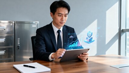 Businessman using tablet with data visualization