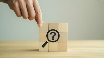 Search and discovery concept with hand selecting question icon block, research, investigation, problem solving, business strategy, analysis, curiosity, solution finding, critical thinking