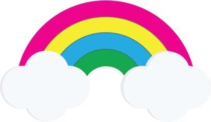 Cute colorful rainbow with fluffy white clouds isolated on white background. Cartoon vector illustration for kids, nursery, and baby shower design.