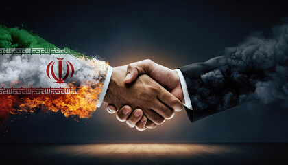 Handshake with the left hand showing the Iran flag and the right hand plain, set on a dark background with smoke and flames, symbolizing unexpected tension and conflict.