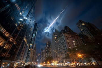 A meteor in a big city in the sky above skyscrapers.
