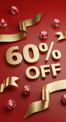 Gold 60% OFF text on red background, surrounded by golden ribbons and red percentage cubes, showcasing a sale or discount concept
