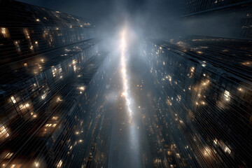 A meteor in a big city in the sky above skyscrapers.