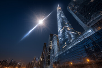 A meteor in a big city in the sky above skyscrapers.