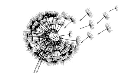Obraz premium Detailed black and white vector illustration of a Dandelion seed dispersal process scientifically