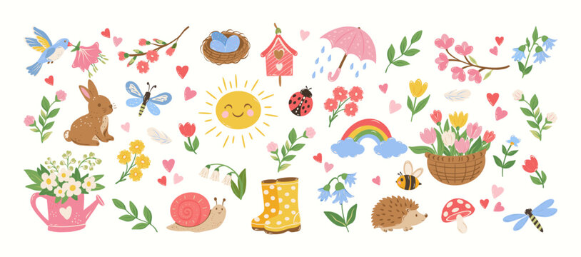 Cute spring summer stickers elements. Hand drawn flowers, rabbit, snail, dragonfly, heart, butterfly, birds, sun, birdhouse. Vector flat illustration.