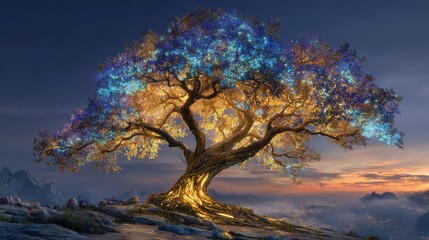 Fototapeta premium Enchanted Tree of Life Glowing with Mystical Blue and Gold Lights Under a Cosmic Night Sky