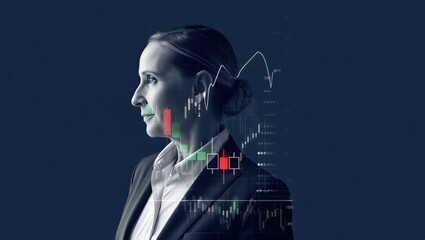 Businesswoman in a suit with a thoughtful expression, overlaid with financial charts and graphs. Professional finance and investment concept.