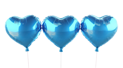 Three blue heart balloons on transparent background for valentine's day